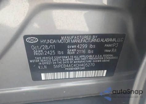 2012 Hyundai Sonata Gls из США, поврежденный, VIN 5NPEB4AC4CH405270